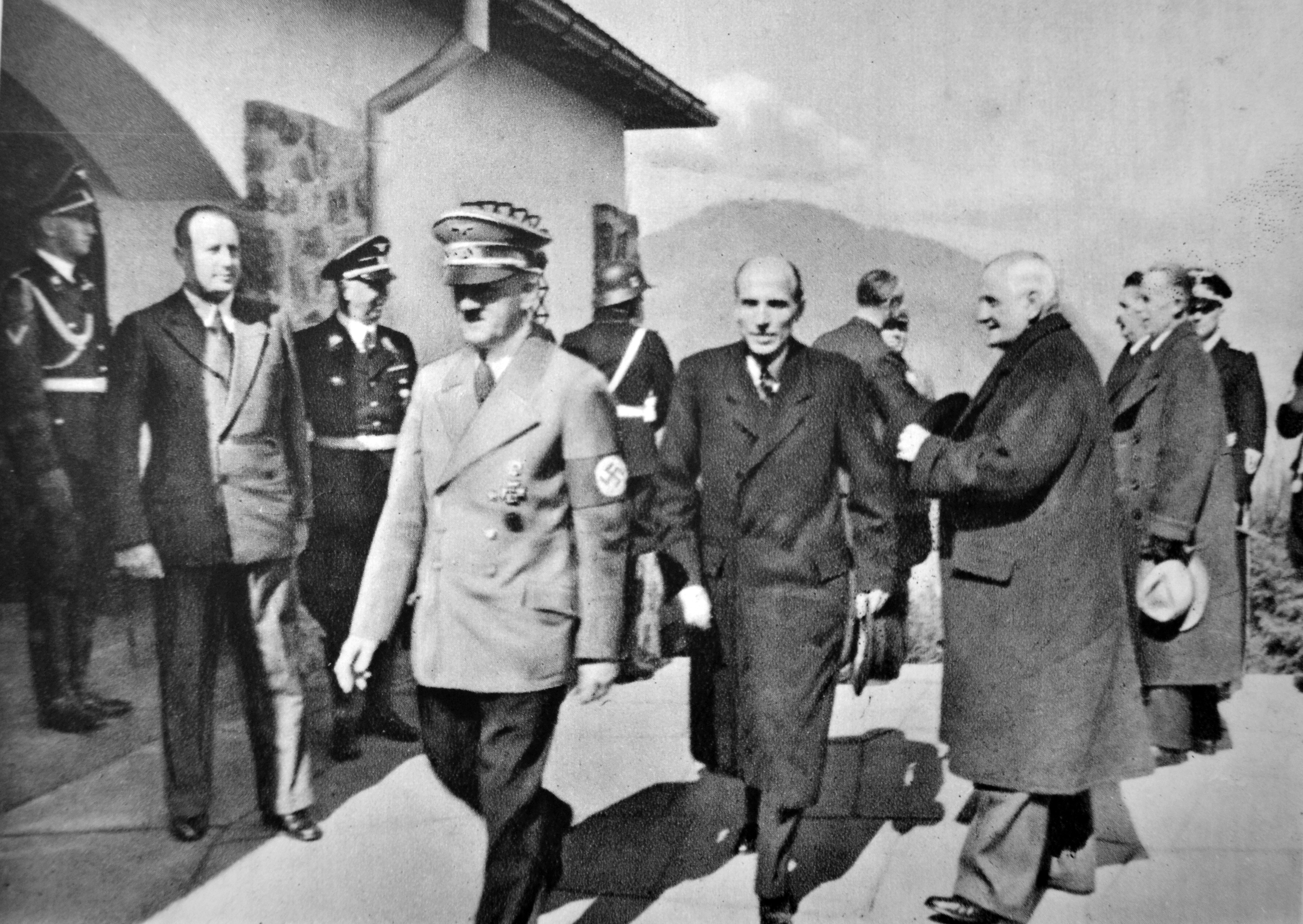 Adolf Hitler welcomes Prime Minister of Hungary Bela Imredy and Foreign Minister Kalman de Kanya at the Berghof